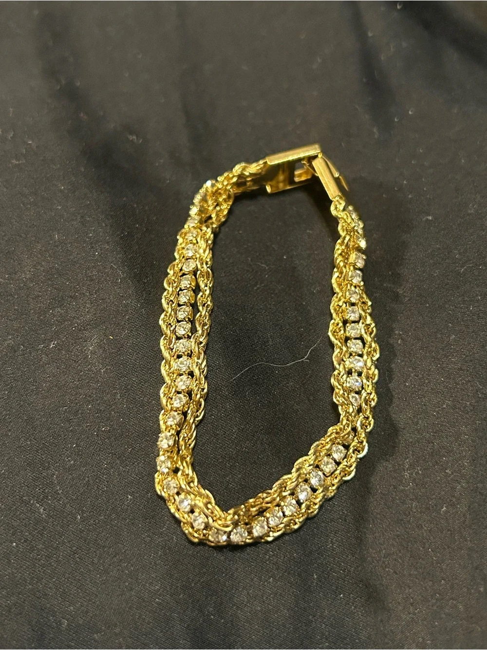 Elegant Vintage Gold-Tone Braided Chain Bracelet with Crystal Row